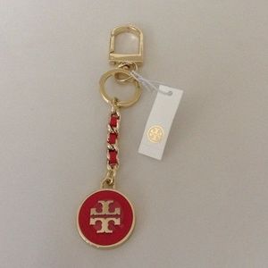 TORY BURCH Mercer Leather Inlay Key Ring Coral